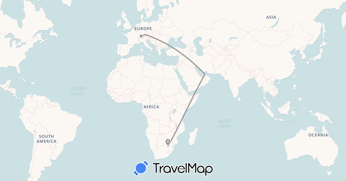 TravelMap itinerary: driving, plane in United Arab Emirates, Switzerland, Germany, South Africa (Africa, Asia, Europe)